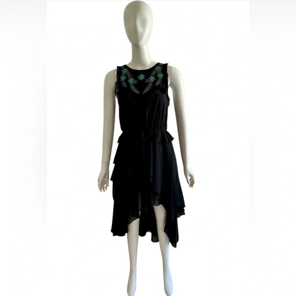 $350 The Kooples Black Ruffle Flowy Turquoise Beaded Hi Low Dress Sz 1 Small - Picture 3 of 10